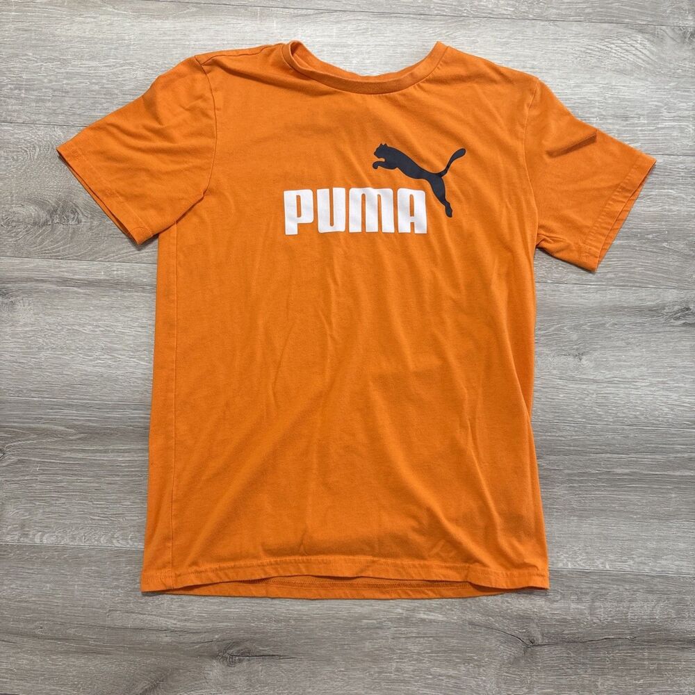 Puma T Shirt Youth Large Orange Big Logo Graphic Tee Boys Unisex Casual